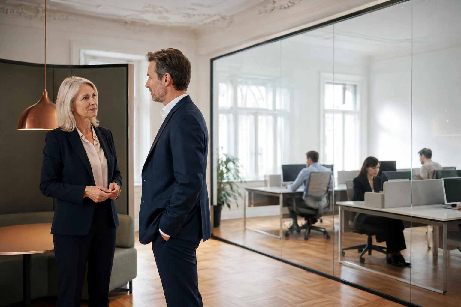 Eigentümerin und Kaufinteressent sprechen in einem Wiener Büro